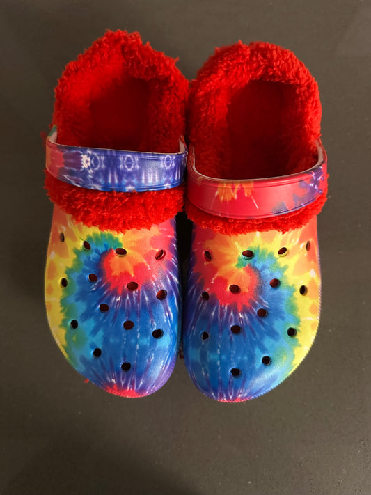 Fuzzy Tie dye Rainbow Platform Clogs
