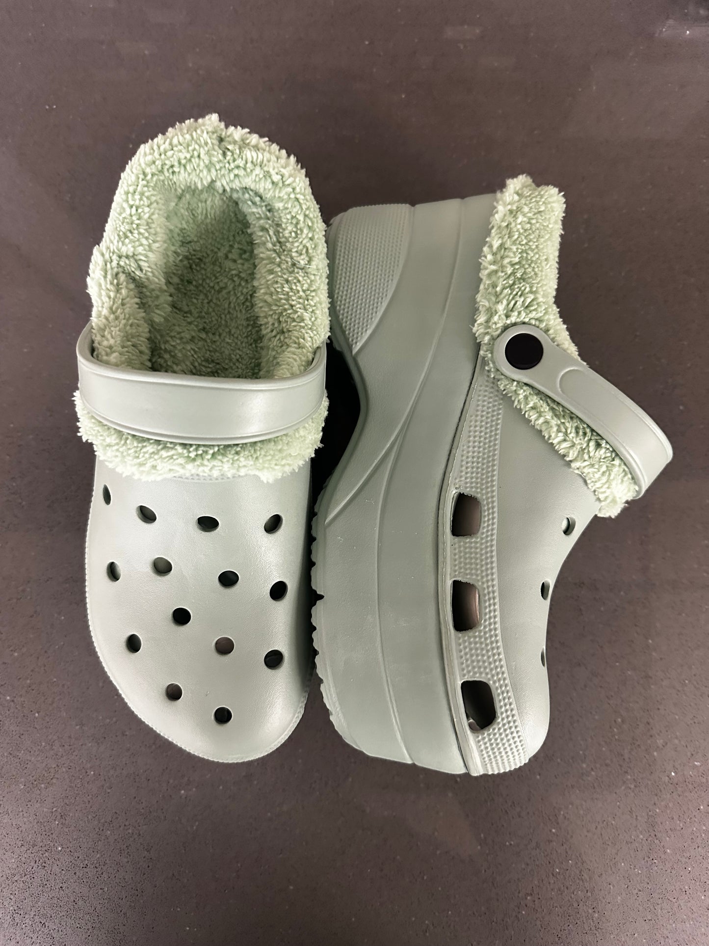 Olive Green Fuzzy Platform Clogs